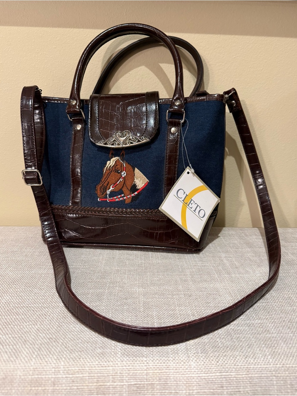 CLETO NWT Denim & Brown Croc Embossed Horse Equestrian Satchel Crossbody Bag